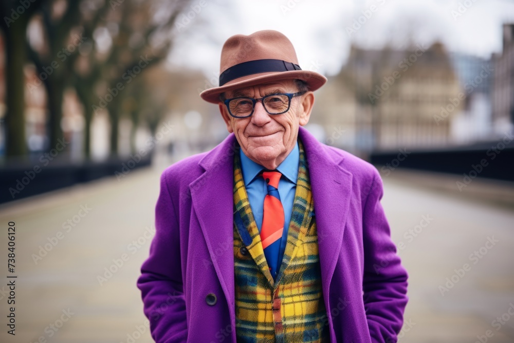 Portrait of an elderly man wearing a hat and coat in the city