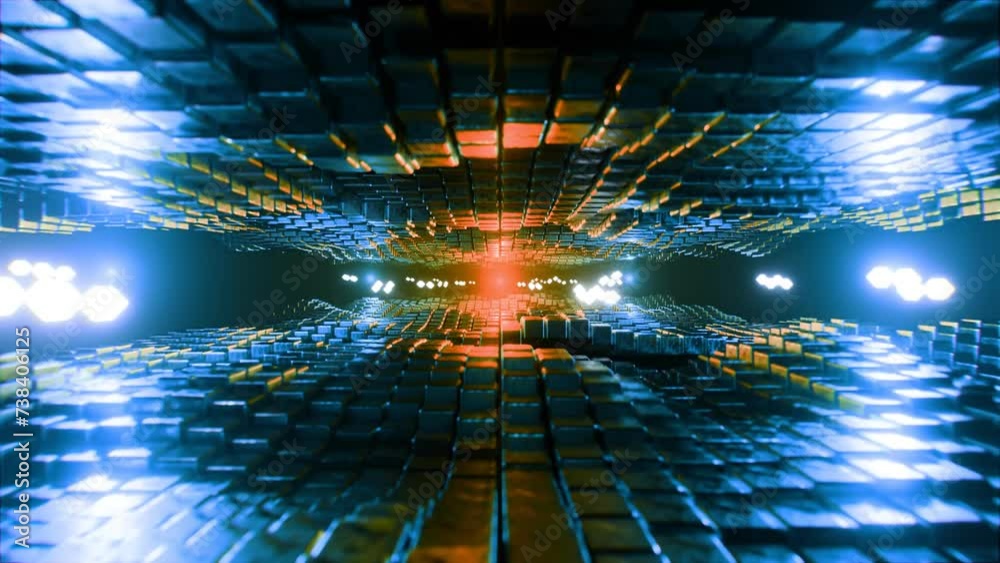Abstract wave background. Flying through glowing neon cubes creating tunnel