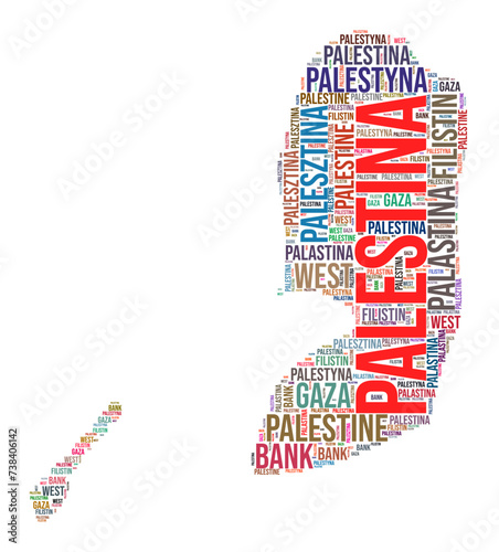 Palestine country shape word cloud. Typography style country illustration. Palestine image in text cloud style. Vector illustration.