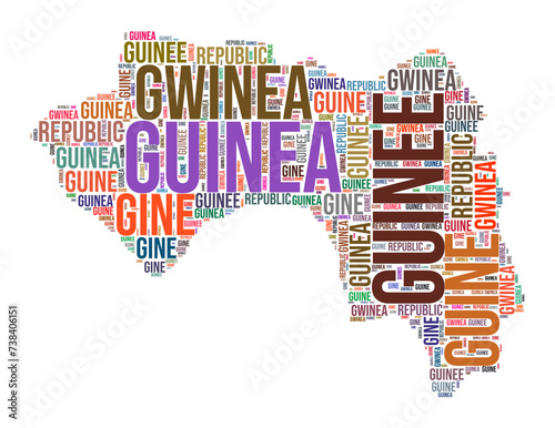 Guinea country shape word cloud. Typography style country illustration. Guinea image in text cloud style. Vector illustration.