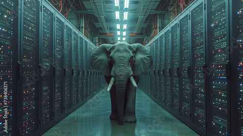 An elephant peers curiously at the intricate network of cables and servers in data center