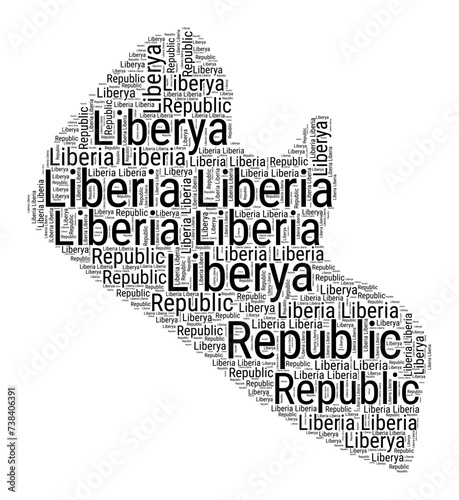Black and white word cloud in Liberia shape. Simple typography style country illustration. Plain Liberia black text cloud on white background. Vector illustration.