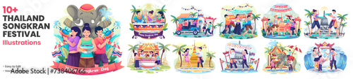 Set of Songkran Festival Illustrations With People Celebrate Thailand’s Traditional New Year’s Day by Splashing Water on Each Other. Vector Illustration photo