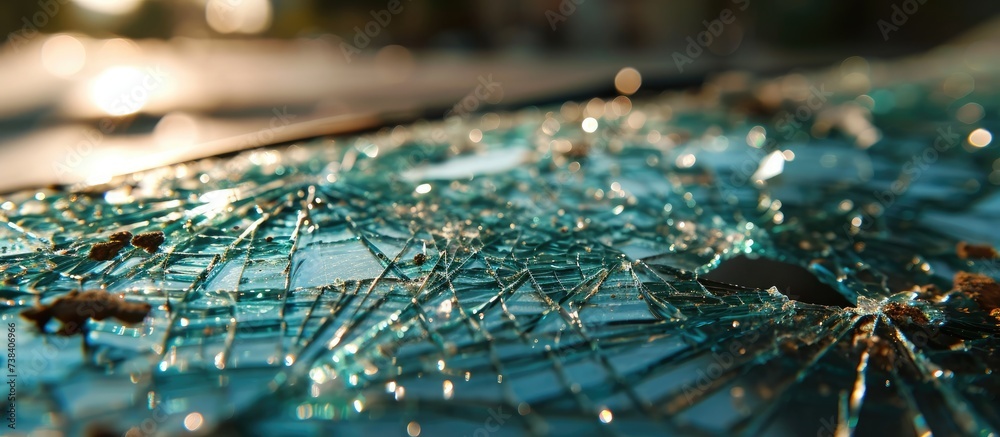 A close-up of a shattered car windshield revealed a web of intricate cracks, evidence of the forceful impact it had endured, leaving behind a scene of chaos and potential danger. - obrazy, fototapety, plakaty 