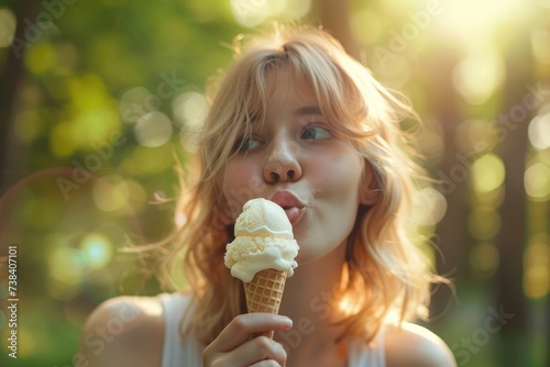 Half body image of cute Asian girl Using your tongue to lick a vanilla ice cream cone.
