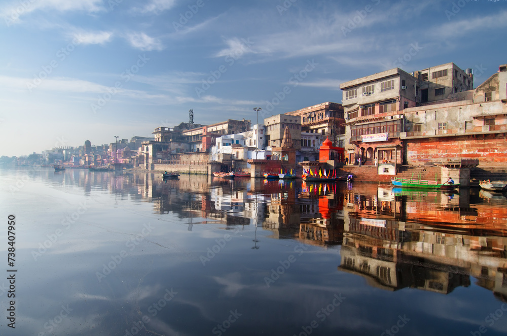 Mathura is a city in the Indian state of Uttar Pradesh. Photo is taken from the boat in Yamuna river
