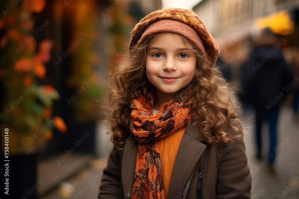 Portrait of a cute little girl with curly hair in a warm hat and scarf on the street in autumn Portrait of a cute little girl with curly hair in a warm hat and scarf on the street in autumn