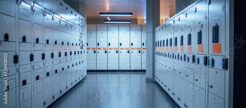 Electronic lockers with white access control in a public space, similar to a changing room wardrobe.