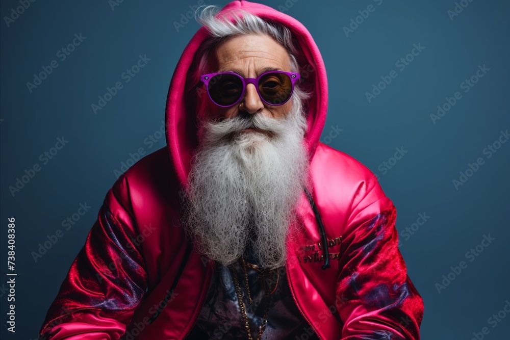Portrait of an old man with a long white beard in a pink jacket and sunglasses on a blue background