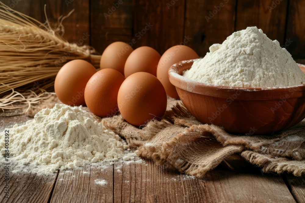 Eggs and flour on a wooden board. Eggs and flour on a wooden board.