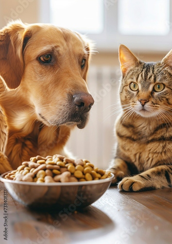  Dog and a cat sitting side by side  eagerly eyeing a bowl filled with delicious food in front of them