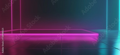 neon strips bright lights on the glass floor of a dark room, in the style of light magenta and dark aquamarine