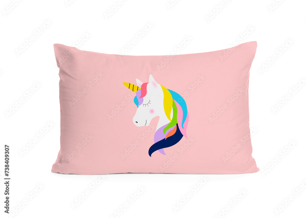 Soft pillow with printed cute unicorn isolated on white