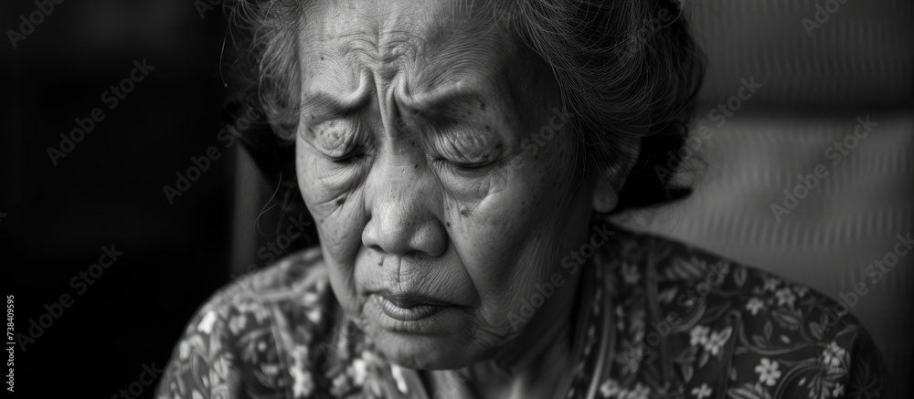 An Asian elderly woman with various emotional and mental health issues, feeling extremely tired, crying alone at home due to a debilitating disease. An Asian elderly woman with various emotional and mental health issues, feeling extremely tired, crying alone at home due to a debilitating disease.