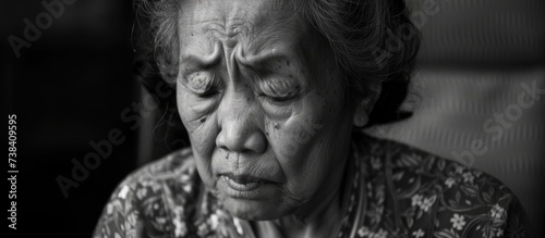 An Asian elderly woman with various emotional and mental health issues, feeling extremely tired, crying alone at home due to a debilitating disease. © Sona