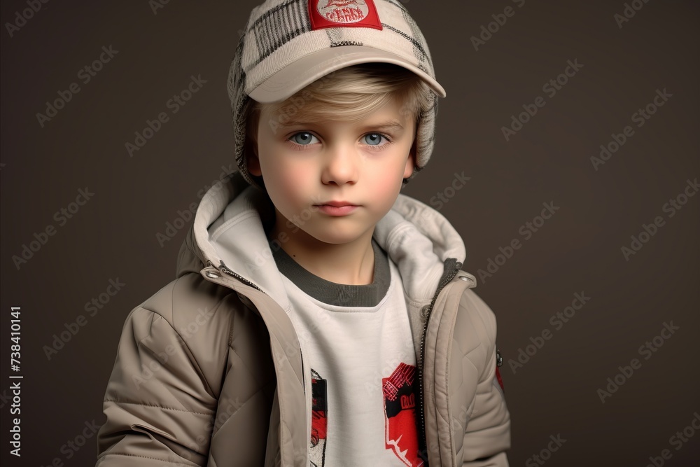Cute little boy in warm jacket and cap. Studio shot. Cute little boy in warm jacket and cap. Studio shot.
