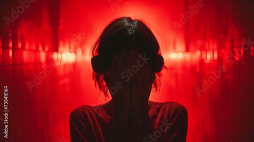 A person with their hands over their face. The lighting is red and they are clearly suffering from pain, either physical or emotional, and they have earphones on. 