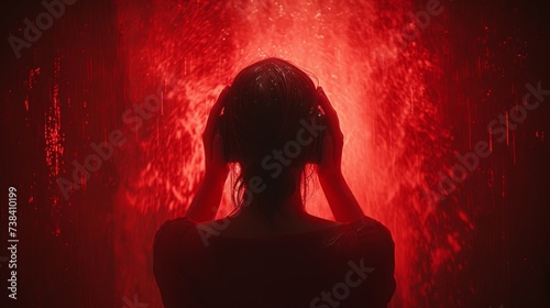 A person with their hands over their face. The lighting is red and they are clearly suffering from pain, either physical or emotional, and they have earphones on.  photo