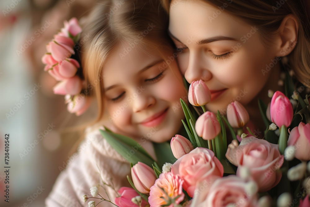 Little daughter hugging mother with bunch of pink flowers. Little daughter hugging mother with bunch of pink flowers.