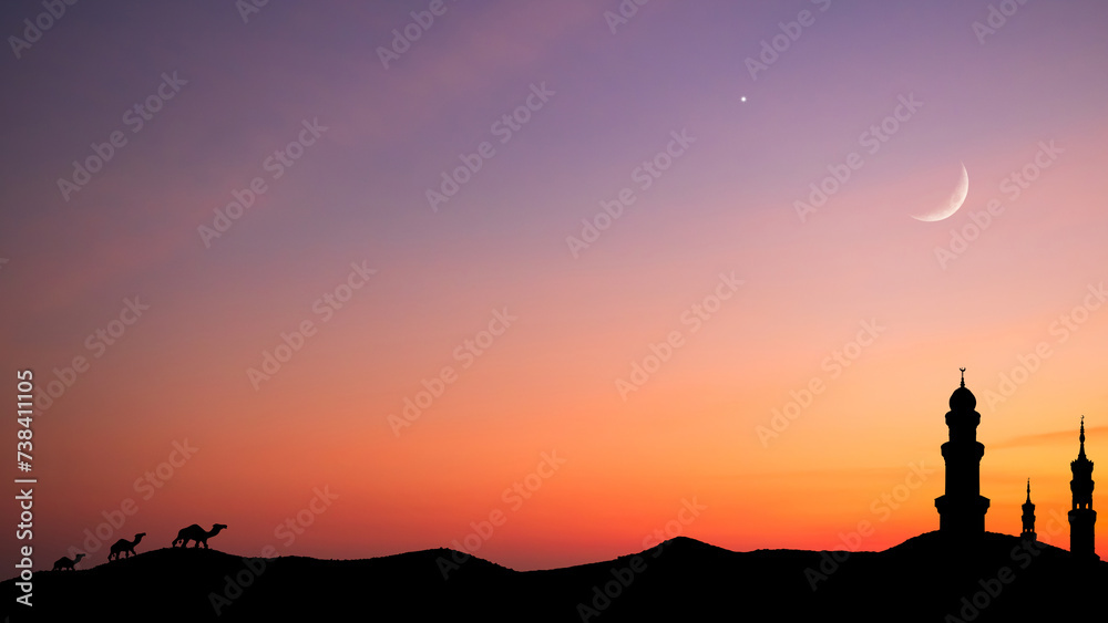 Musque Dome Night Building with Sky Moon Sunset Background Mubaruk Greeting Islam Ramadan Element Masjid Aqsa Hajj Kaaba Umrah Eid Arabian Religion Islamic Muhammad Arab Muslim Greeting.