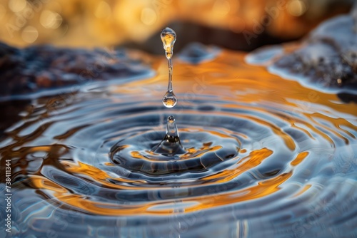 Water drop close-up with ripples on water surface.