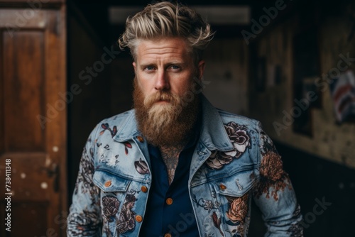 Handsome young man with long red beard and moustache wearing a denim jacket. © Igor