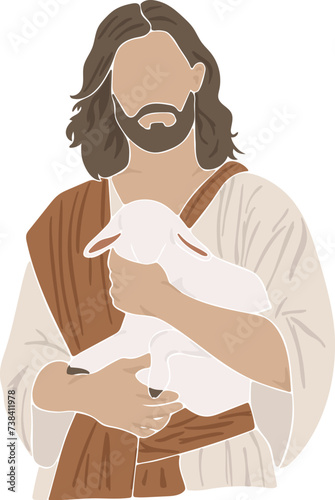 Jesus holds a sheep in his arms, boho silhouette, christian vector illustration