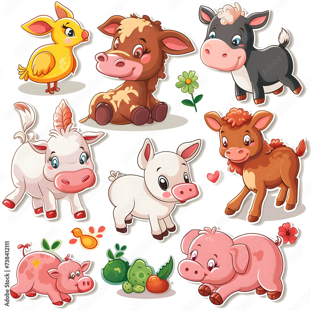 Obraz premium Set of cute farm animals pack sticker style on transparent background - Ai generated