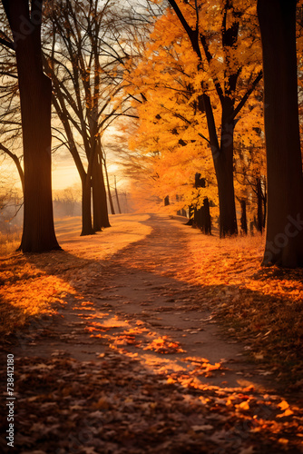 Scenic View of a Tranquil Pathway Lined with Colorful Fall Leaves and Bare Trees Against a Cool Autumn Sky © Maria