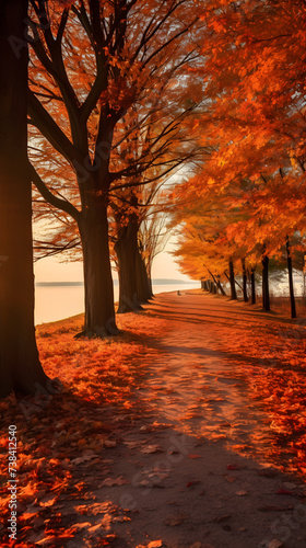 Scenic View of a Tranquil Pathway Lined with Colorful Fall Leaves and Bare Trees Against a Cool Autumn Sky