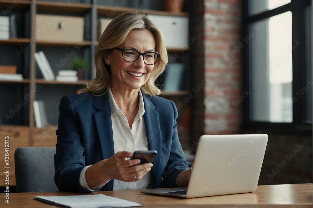 Focused business woman sits at desk with laptop distracted form work, hold mobile phone, read news, use business application, type message, browse important information, check email, chatting on-line Focused business woman sits at desk with laptop distracted form work, hold mobile phone, read news, use business application, type message, browse important information, check email, chatting on-line