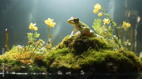 a frog sits in the water with green vegetation, generative ai © imam