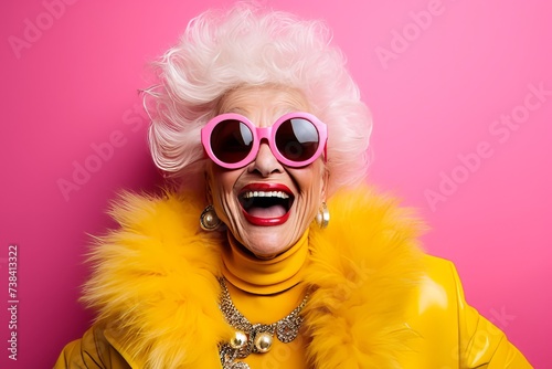 Fashionable senior woman in yellow jacket and sunglasses on pink background.