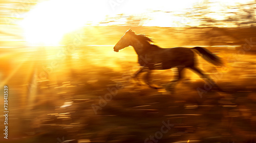 cavalo de silhueta correndo efeito de foto de desfoque de movimento, hora dourada