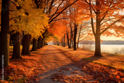 Scenic View of a Tranquil Pathway Lined with Colorful Fall Leaves and Bare Trees Against a Cool Autumn Sky