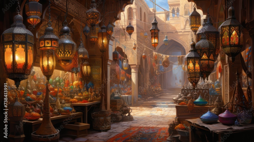 Hanging fanoos lanterns, traditional decorations for the month of Ramadan and Islamic holidays at a traditional Middle Eastern market. - obrazy, fototapety, plakaty 