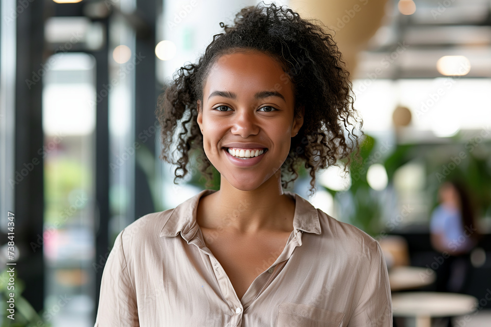 Headshot portrait of happy smiling mixed race female employee student posing at the university offices. Casual young black female in good mood Headshot portrait of happy smiling mixed race female employee student posing at the university offices. Casual young black female in good mood
