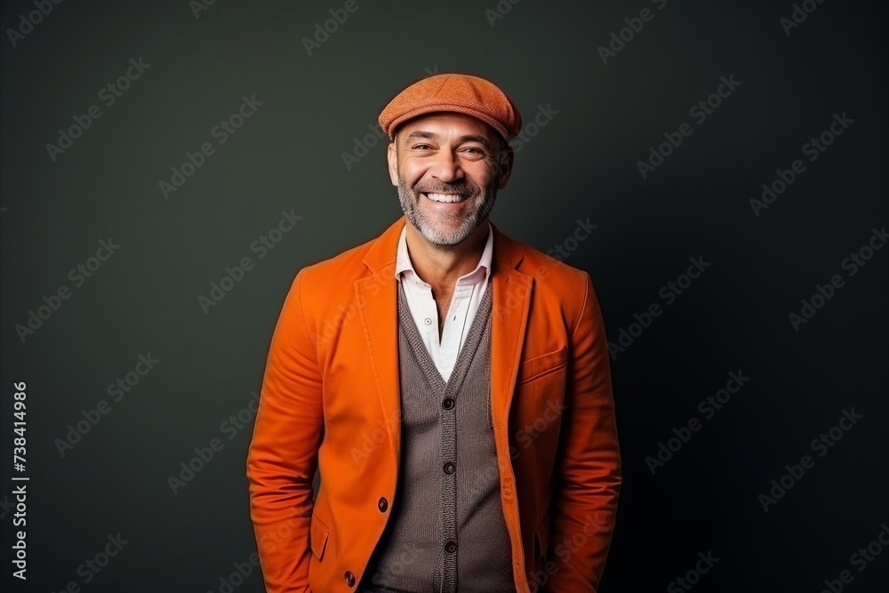 Portrait of a stylish mature man in orange jacket and beret Portrait of a stylish mature man in orange jacket and beret
