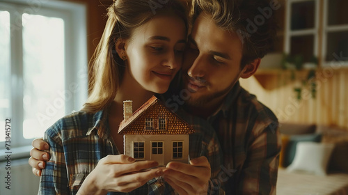 Jovem feliz casal pobre segurando uma casa em miniatura na mão, dentro do interior da casa no fundo