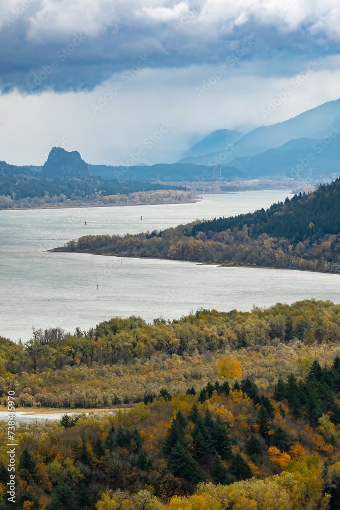 View of the Columbia River and Columbia River Gorge National Scenic Area near Portland. Oregon, United States.