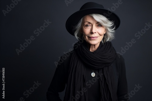 Portrait of a beautiful senior woman in hat and scarf on black background