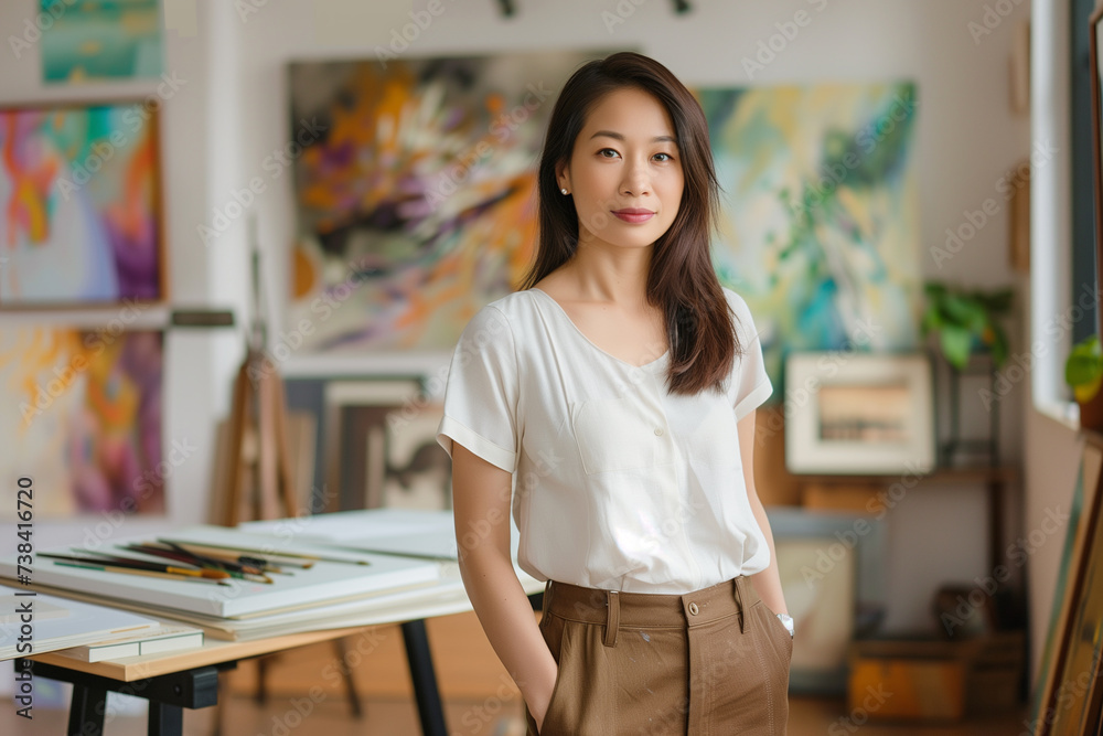 A young graphic designer stands confidently in her modern office, surrounded by colorful designs and artwork. A young graphic designer stands confidently in her modern office, surrounded by colorful designs and artwork.