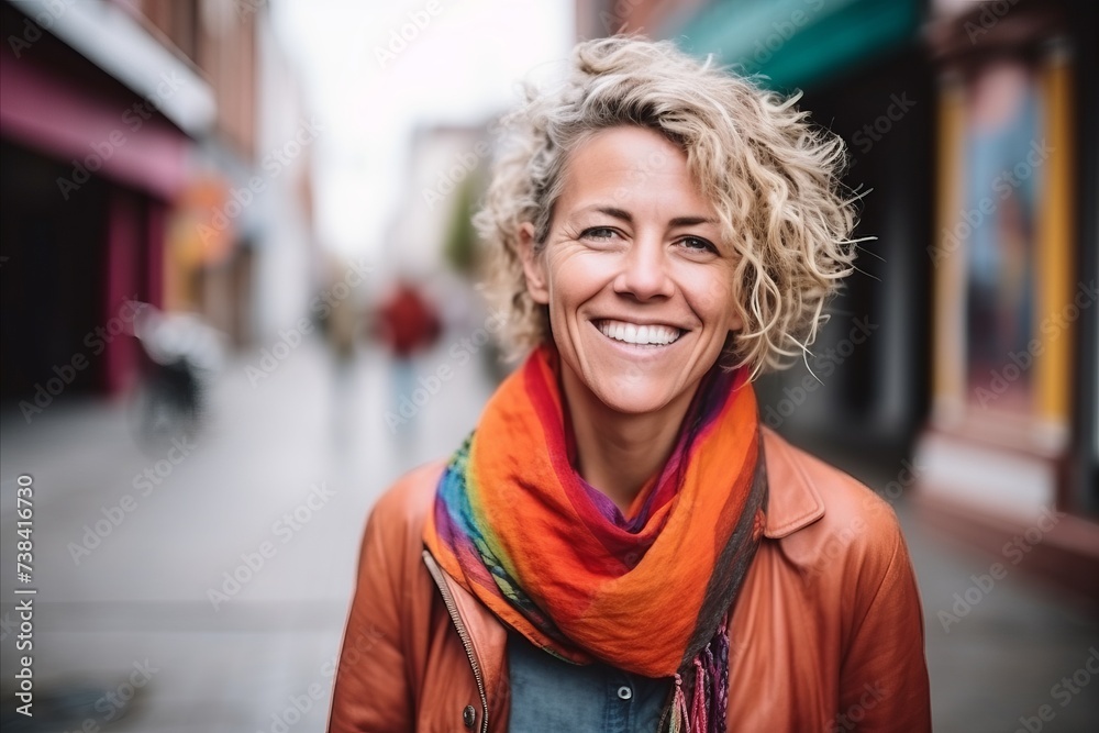 Portrait of a smiling middle-aged woman with curly hair in the city
