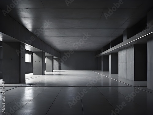 empty dark underground underground garage with concrete walls and columns.
