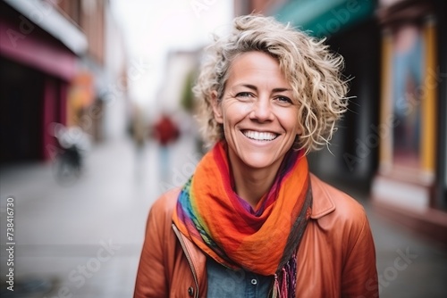 Portrait of a smiling middle-aged woman with curly hair in the city