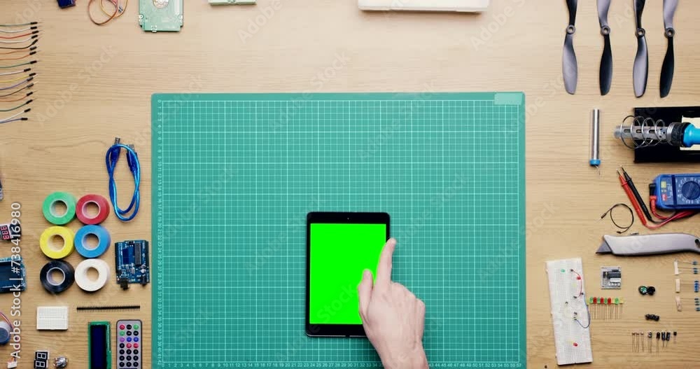 Person, hands and engineer with tablet green screen above in ...