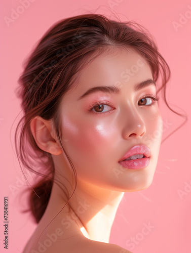 A young woman's portrait against a pink backdrop highlighting her youthful radiance and natural makeup.