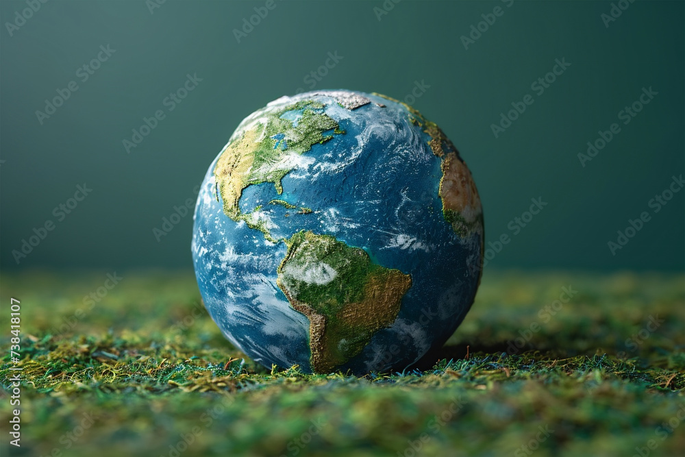 An earth globe on the floor with grass imitation, with green background. International earth day.