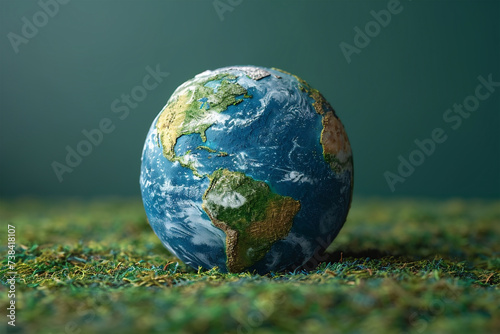 Obraz na płótnie An earth globe on the floor with grass imitation, with green background. International earth day. w salonie