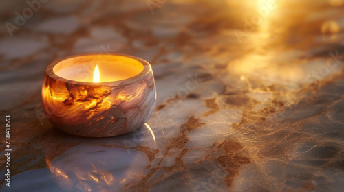 The warm golden light of a candle flame juxtaposed against the cool marble surface of a candle warmer creating a striking contrast. © Justlight